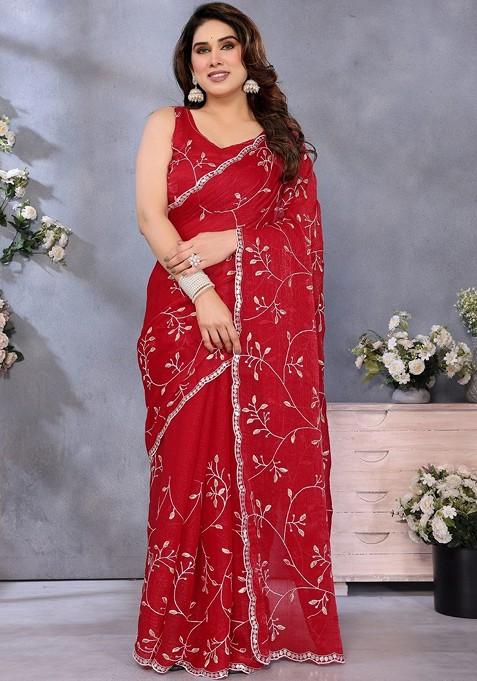 Red Embroidered Blended Saree Set