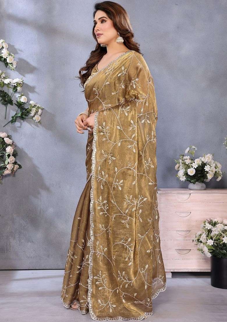 Olive Embroidered Blended Saree Set for Diwali and Festive Wear - Indya