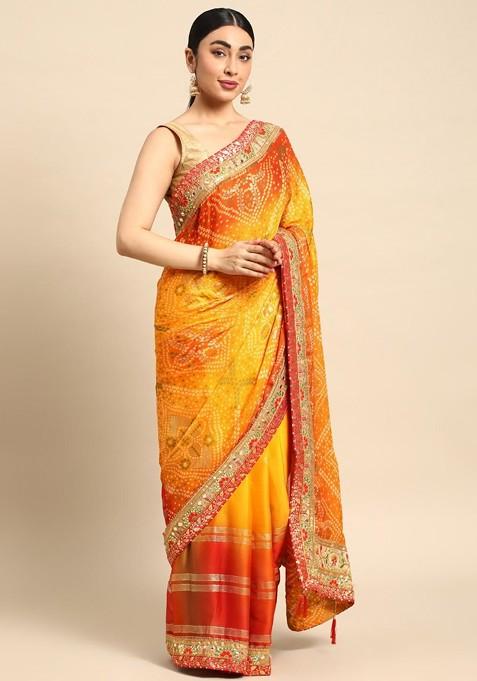 Yellow Printed Blended Saree Set