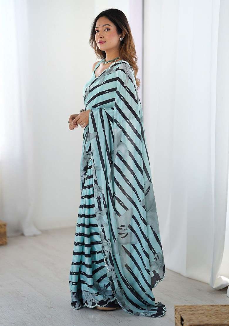 Sea Green Embroidered Blended Saree Set for Diwali and Festive Wear - Indya