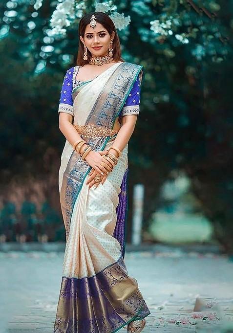 White Embroidered Blended Saree Set