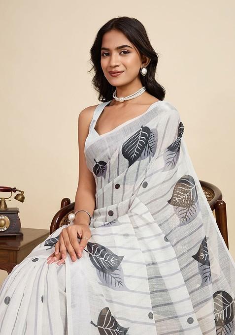 White Printed Blended Saree Set