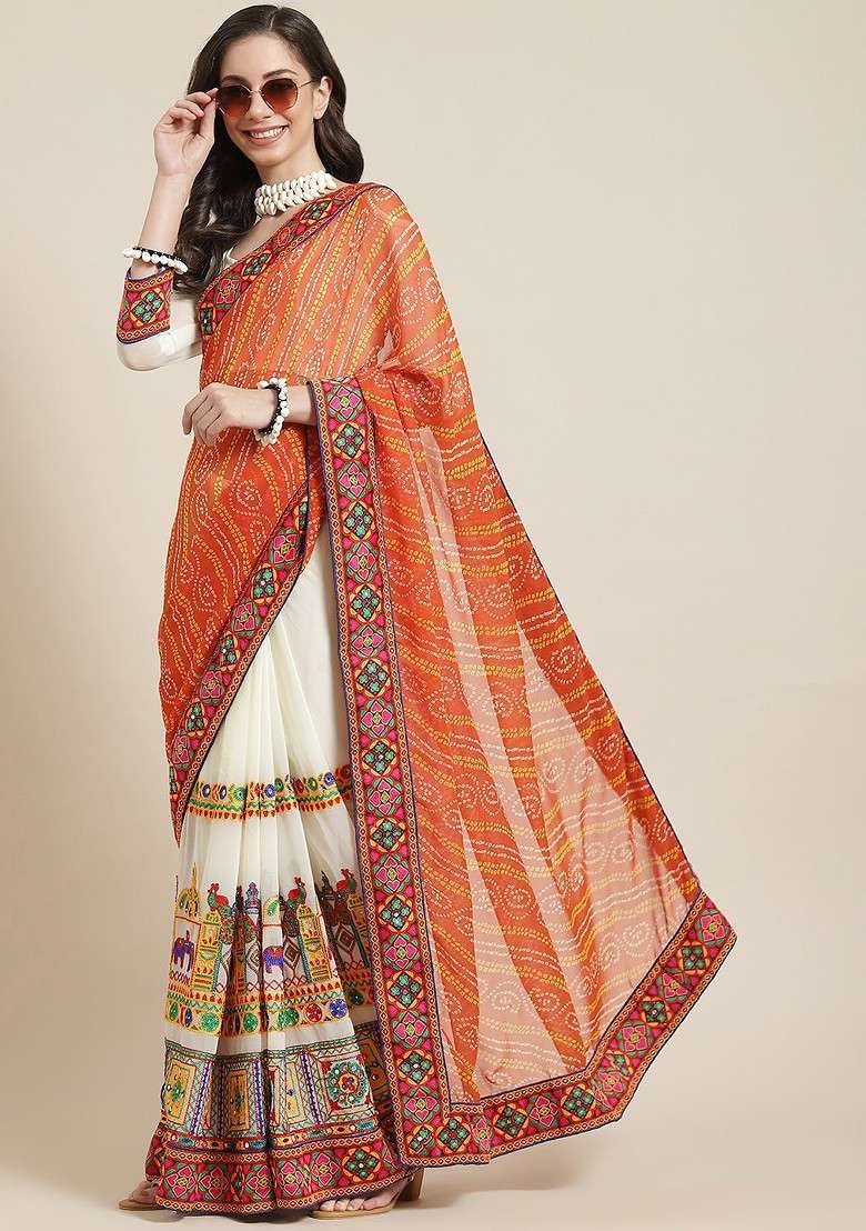 Orange Blended Saree Set with Printed for Diwali | Wedding & Festive Wear - Indya