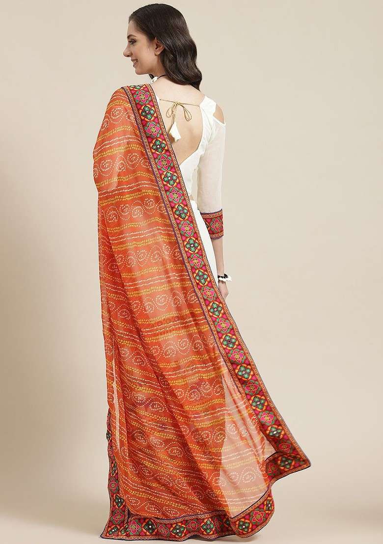 Orange Blended Saree Set with Printed for Diwali | Wedding & Festive Wear - Indya
