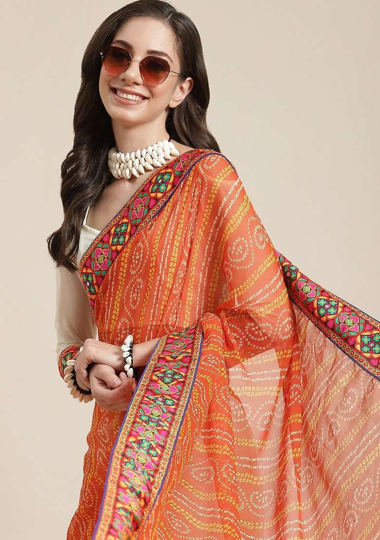 Orange Blended Saree Set with Printed for Diwali | Wedding & Festive Wear - Indya