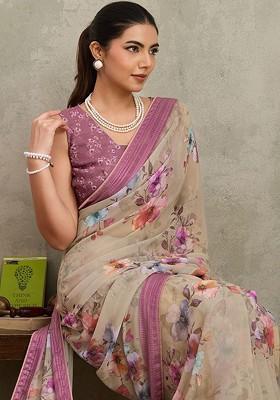 Beige Printed Blended Saree Set