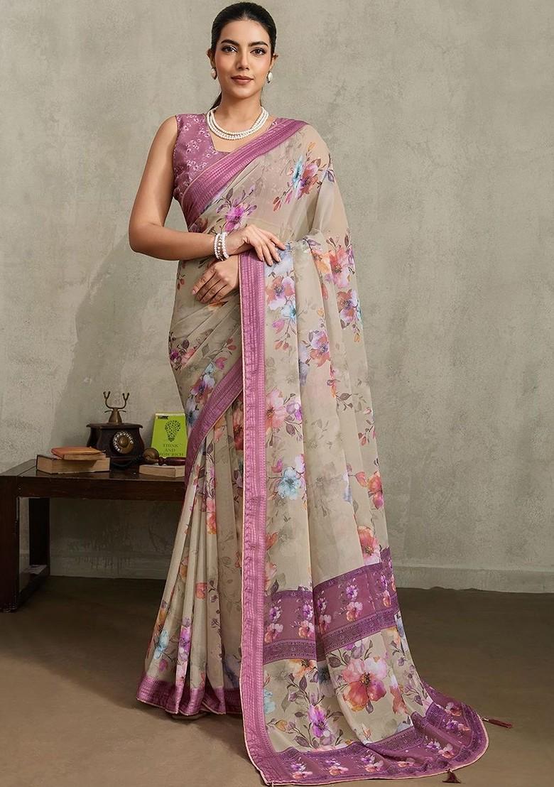 Beige Printed Blended Saree Set - Indya