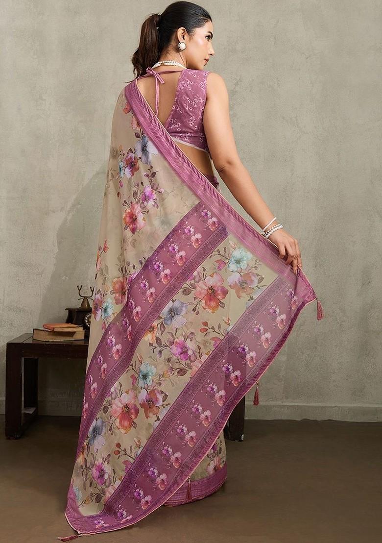 Beige Printed Blended Saree Set - Indya