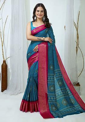 Blue Printed Blended Saree Set
