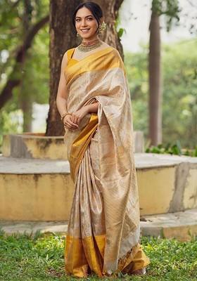 Beige Embroidered Blended Saree Set