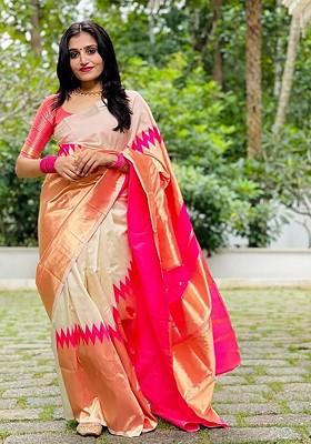 Beige Embroidered Blended Saree Set