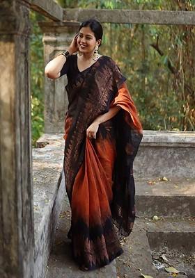 Orange Jacquard Blended Saree Set