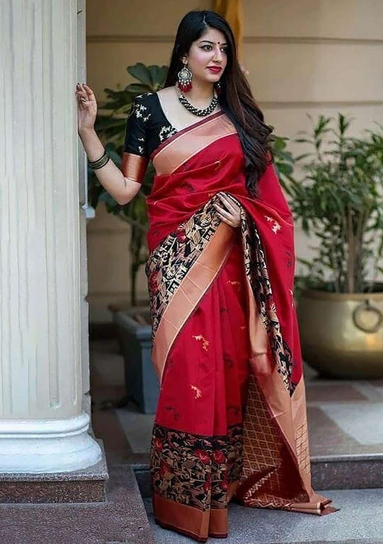 Red Jacquard Blended Saree Set for Diwali and Festive Wear - Indya