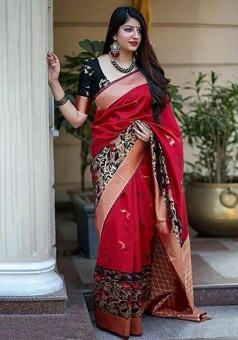 Red Jacquard Blended Saree Set for Diwali and Festive Wear