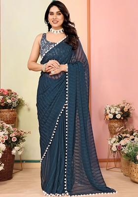 Blue Embroidered Blended Saree Set