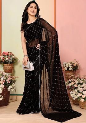 Black Embroidered Blended Saree Set