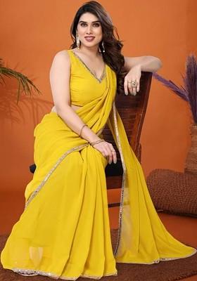 Yellow Embroidered Blended Saree Set
