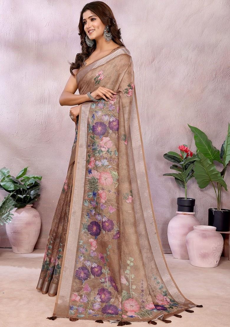 Cream Embroidered Blended Saree Set - Indya