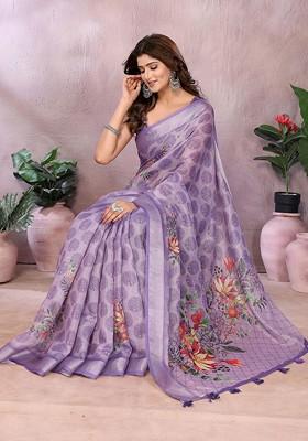 Purple Embroidered Blended Saree Set