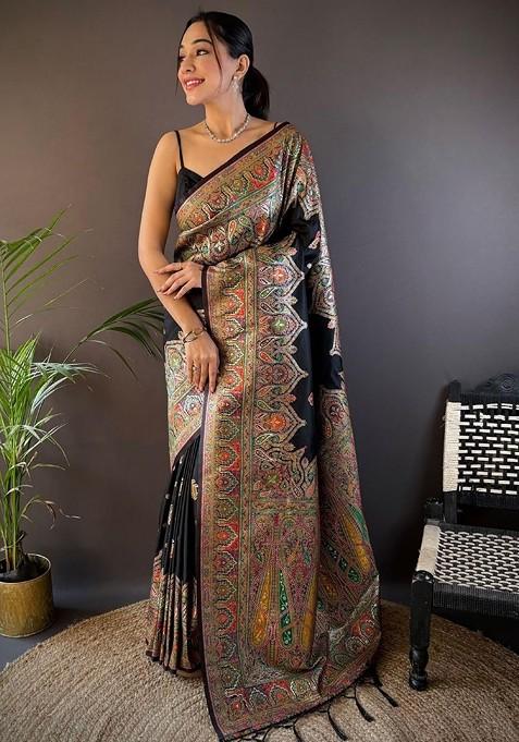 Black Embroidered Blended Saree Set