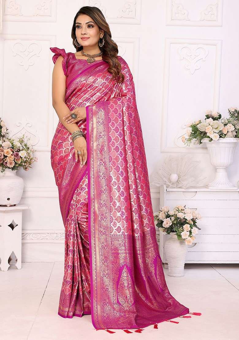 Pink Embellished Blended Saree Set for Diwali | Wedding & Festive Wear - Indya