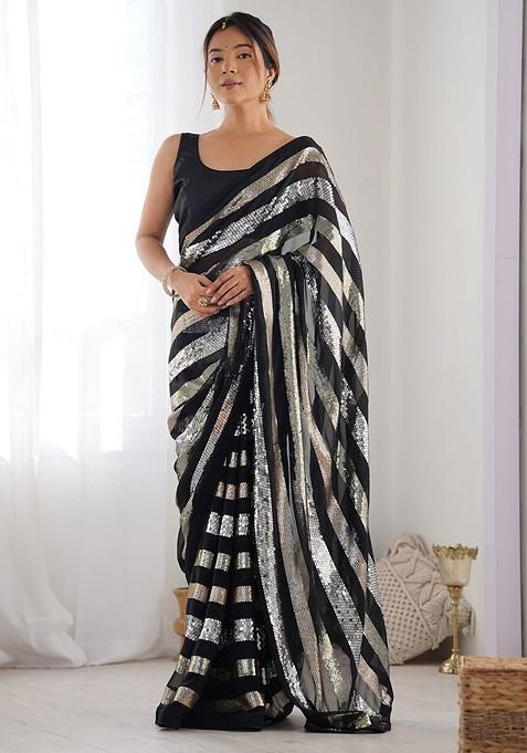 Black Embroidered Blended Saree Set