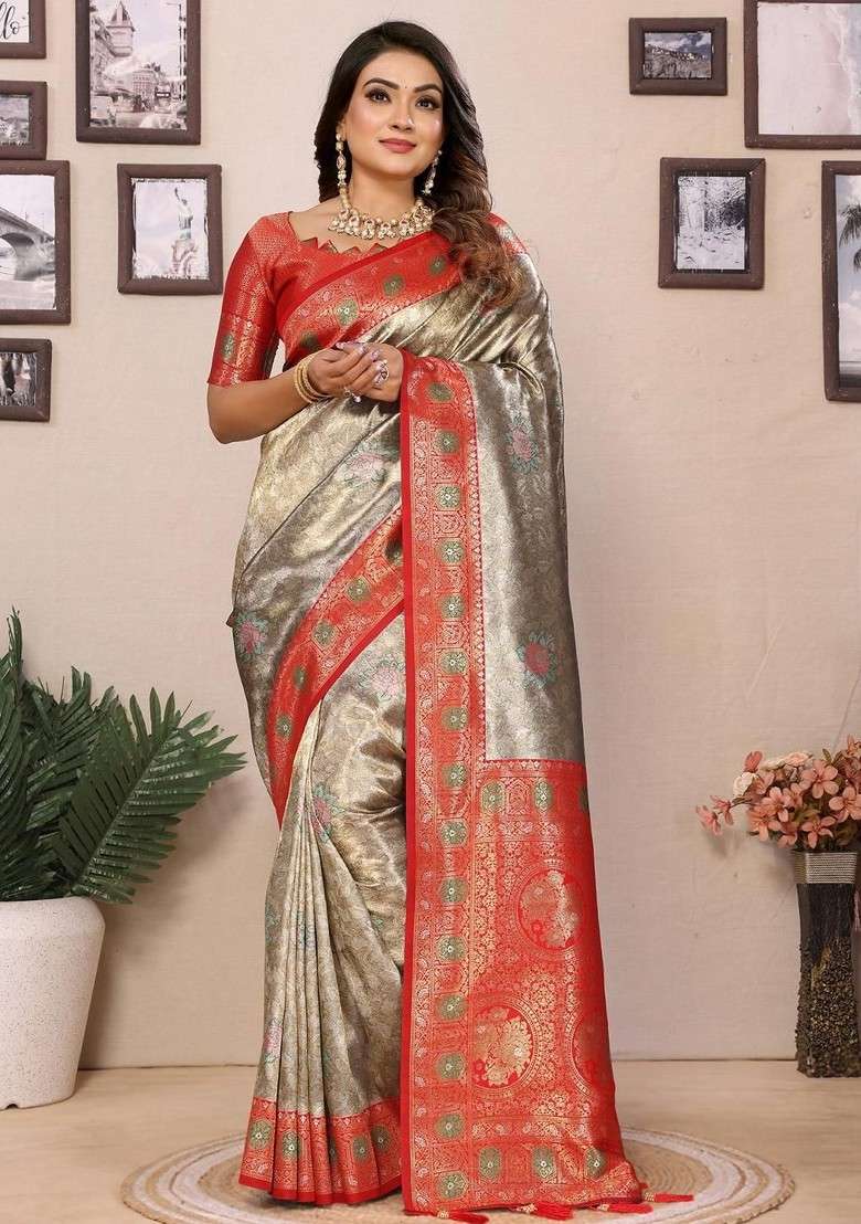Gold Blended Saree Set with Embroidered for Diwali | Wedding & Festive Wear - Indya