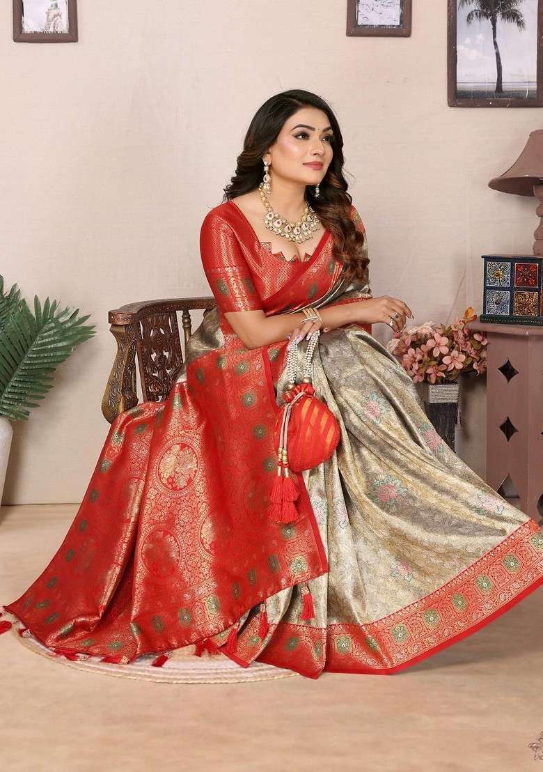 Gold Blended Saree Set with Embroidered for Diwali | Wedding & Festive Wear - Indya