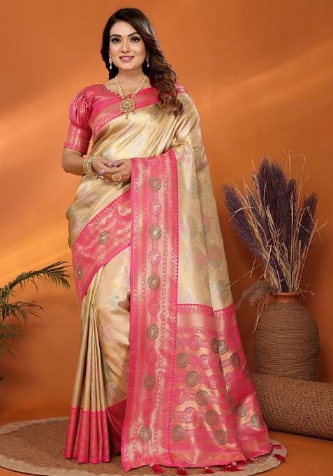 Beige Embroidered Blended Saree Set
