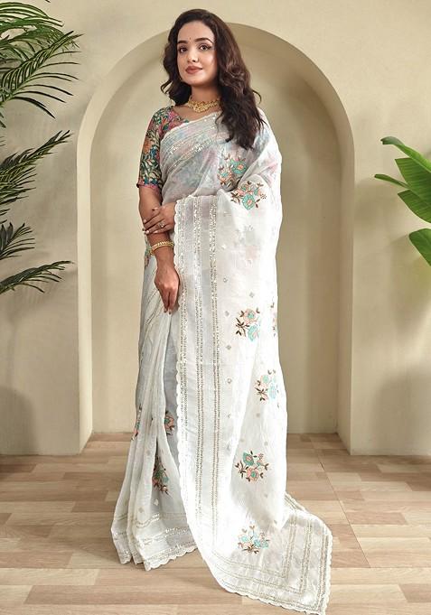 White Embellished Blended Saree Set