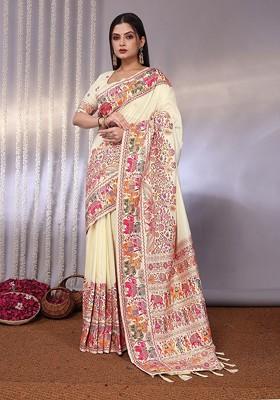 Off White Embroidered Blended Saree Set