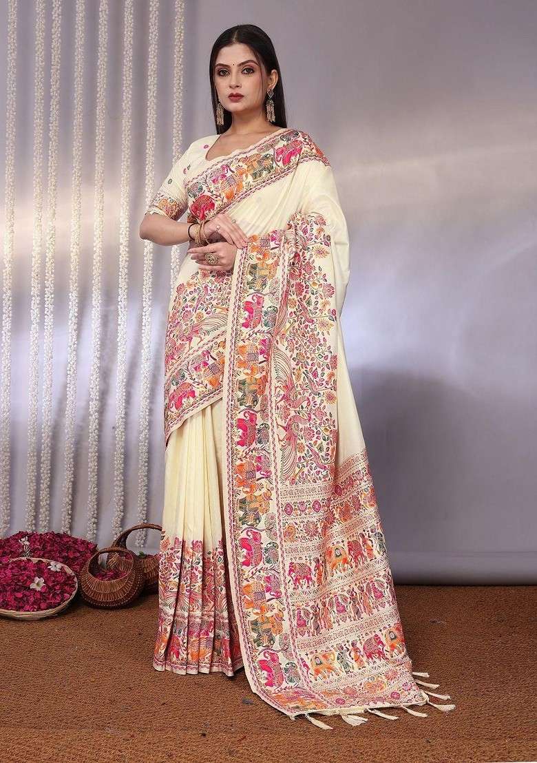 Off White Blended Saree Set with Embroidered for Diwali | Wedding & Festive Wear - Indya