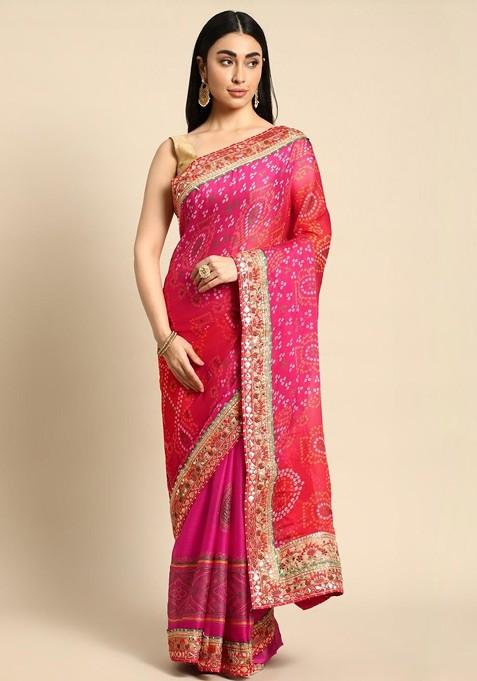 Pink Printed Blended Saree Set