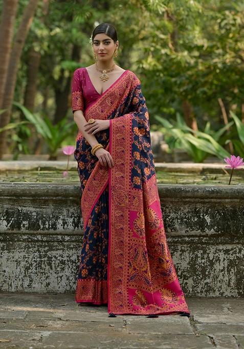 Navy Blue Embroidered Blended Saree Set