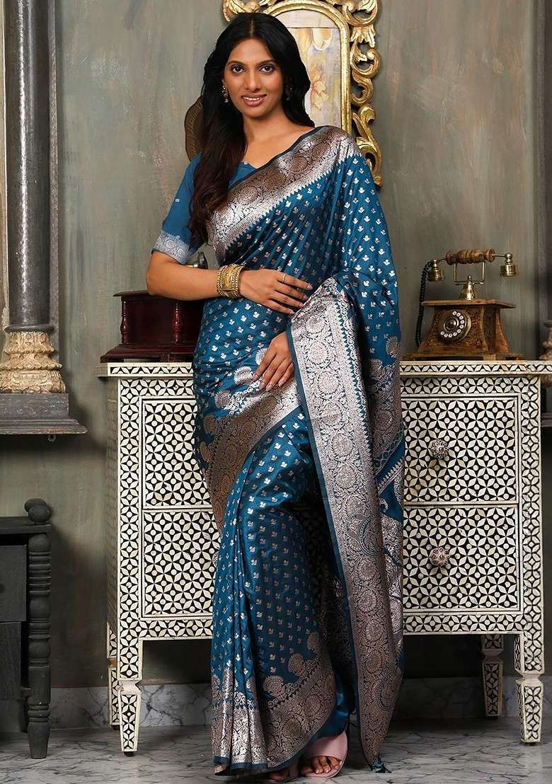 Navy Blue Embroidered Blended Saree Set - Indya