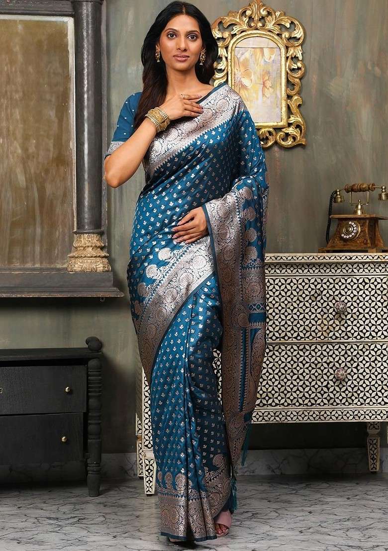 Navy Blue Embroidered Blended Saree Set - Indya