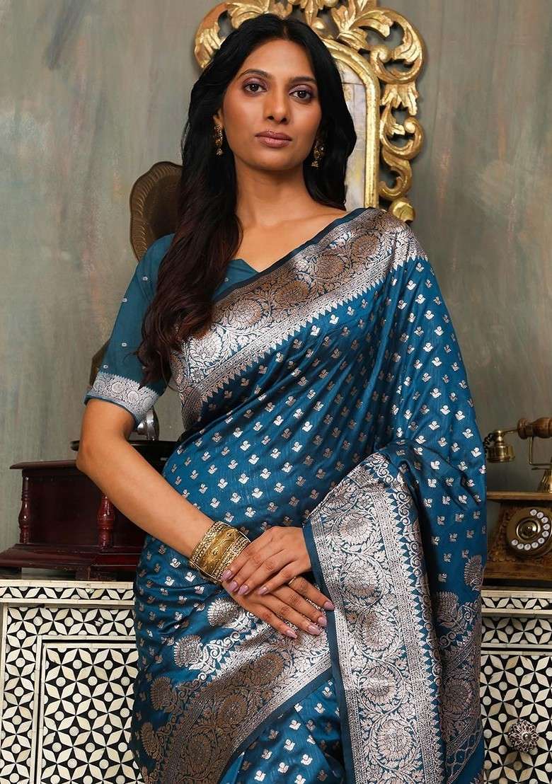 Navy Blue Embroidered Blended Saree Set - Indya