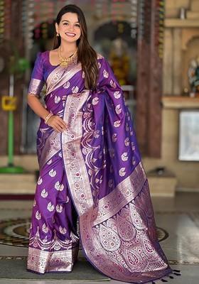 Purple Jacquard Blended Saree Set