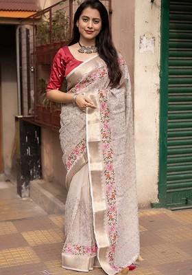 Off White Printed Blended Saree Set