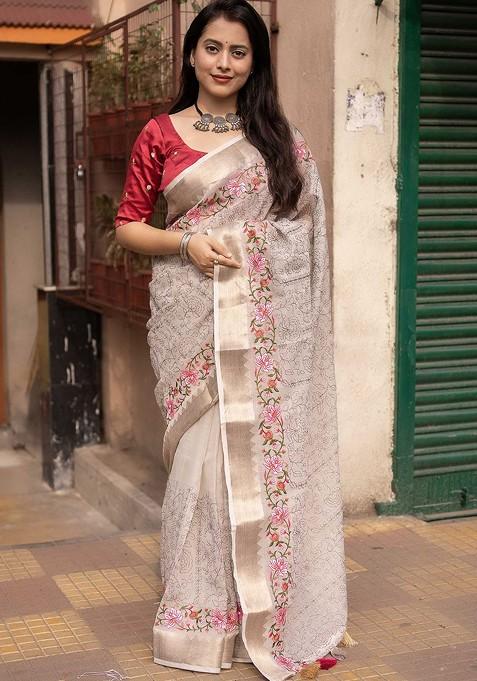 Off White Printed Blended Saree Set