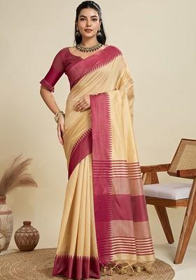Beige Embroidered Blended Saree Set