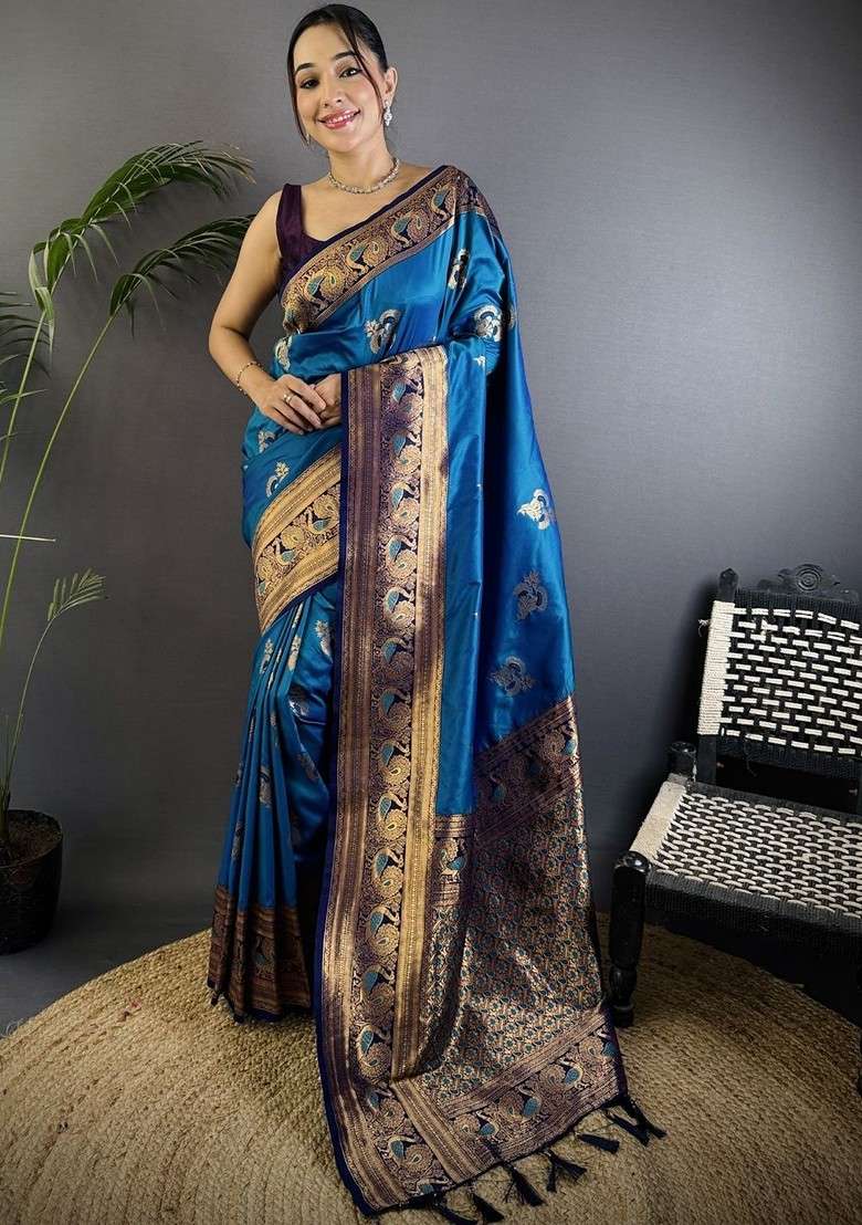 Turquoise Blue Embroidered Blended Saree Set for Diwali and Festive Wear - Indya