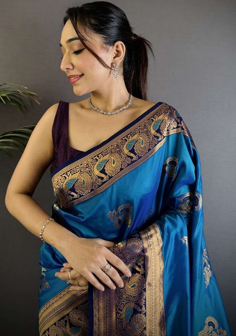 Turquoise Blue Embroidered Blended Saree Set for Diwali and Festive Wear - Indya