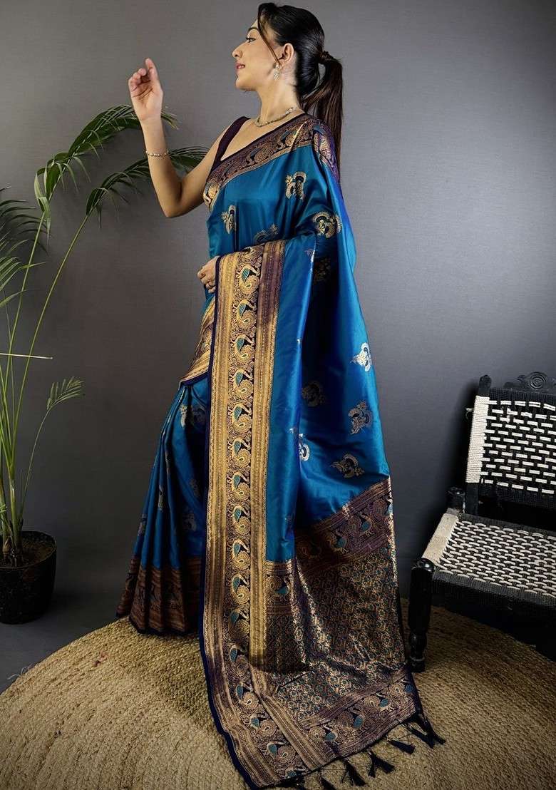Turquoise Blue Embroidered Blended Saree Set for Diwali and Festive Wear - Indya