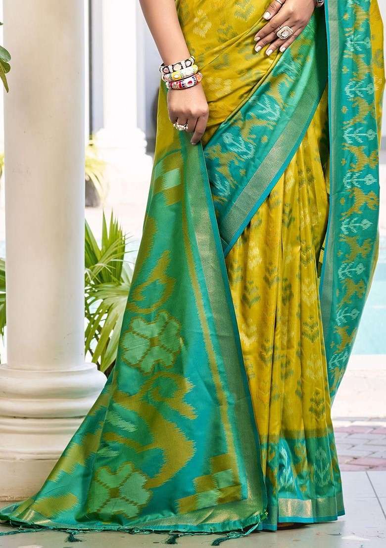 Olive Blended Saree Set with Embroidered for Diwali | Wedding & Festive Wear - Indya