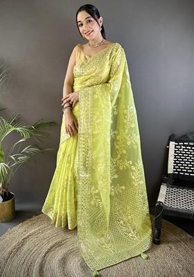 Lime Green Embellished Blended Saree Set