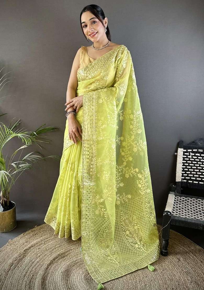 Lime Green Embellished Blended Saree Set for Diwali | Wedding & Festive Wear - Indya