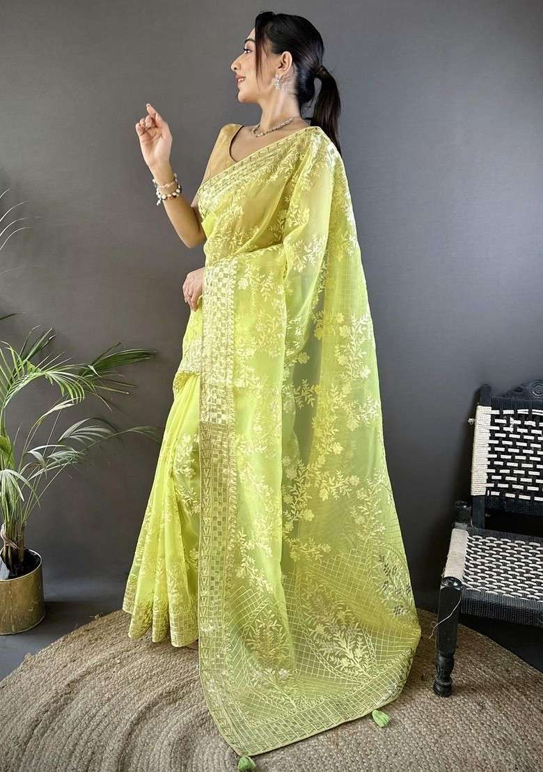 Lime Green Embellished Blended Saree Set for Diwali | Wedding & Festive Wear - Indya