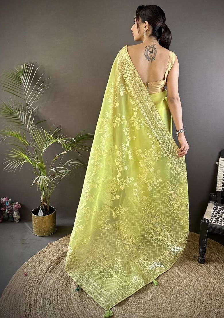 Lime Green Embellished Blended Saree Set for Diwali | Wedding & Festive Wear - Indya