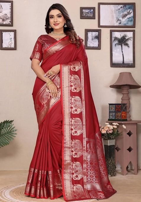 Red Embroidered Blended Saree Set